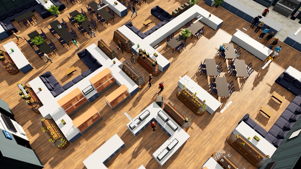 Busy player-built retail and dining space in Big Ambitions
