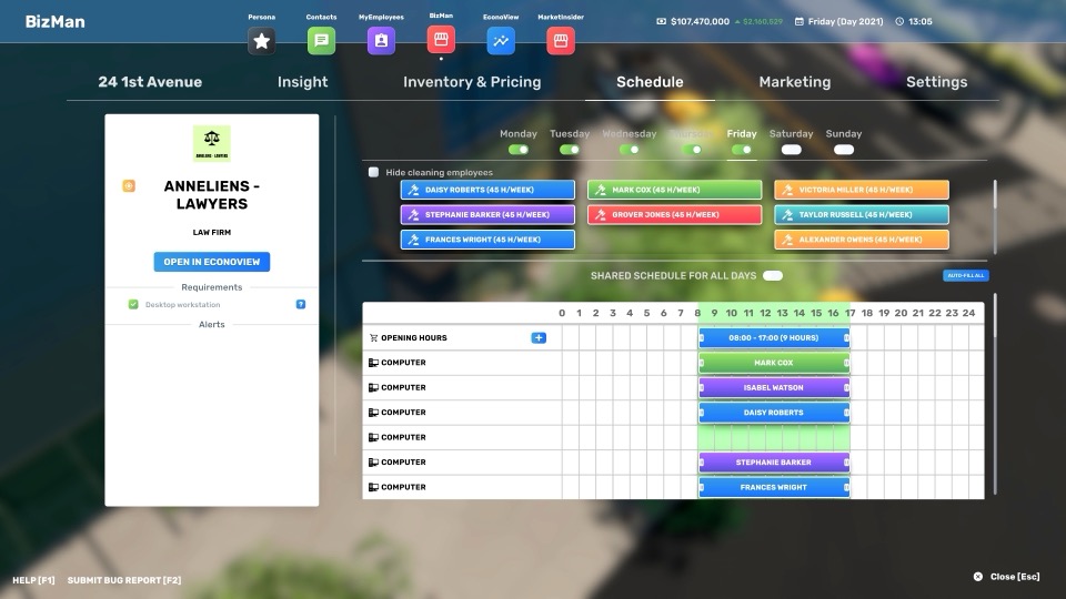 Employee management and scheduling interface in Big Ambitions