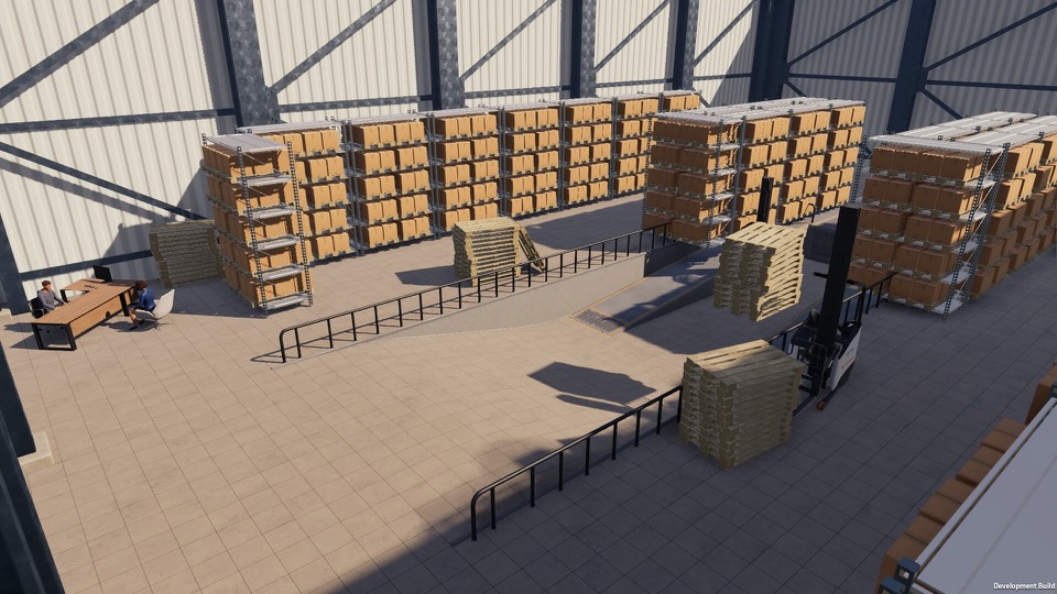 Warehouse shelves and loading area in Big Ambitions